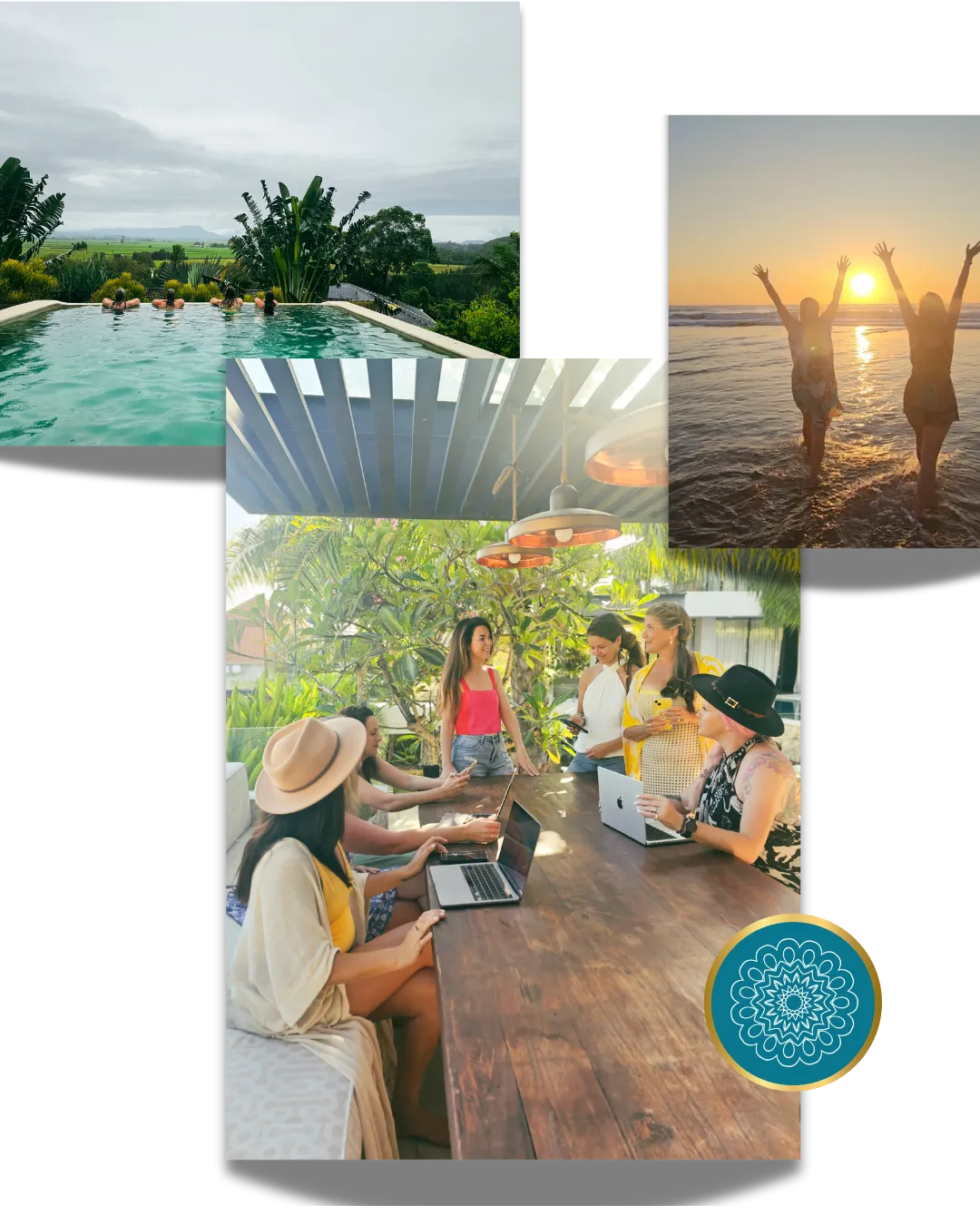 Wellness coaches and digital creatives gathering in retreat setting, community living with conscious hydration and holistic freedom lifestyle.