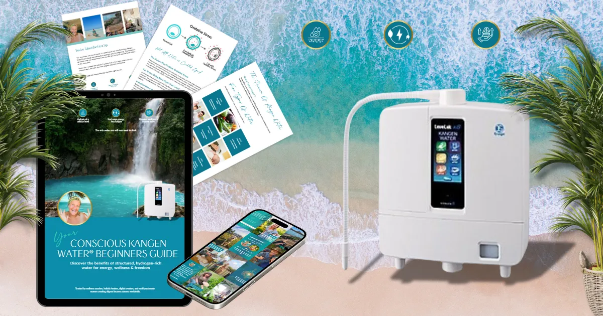 Conscious Hydration + K8 Guide cover with Enagic K8 water ionizer, digital wellness tools, and living water resources by Sonya Maree Kok.