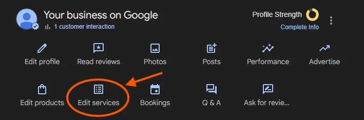 Screenshot of services list in dentist Google profile
