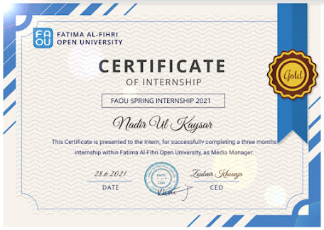 Certification of Internship as Media Manager From Fatima Al-Fihri Open University aka FAOU