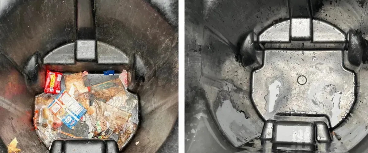 Before and after comparison of trash can interior cleaning showing dirty and clean results.