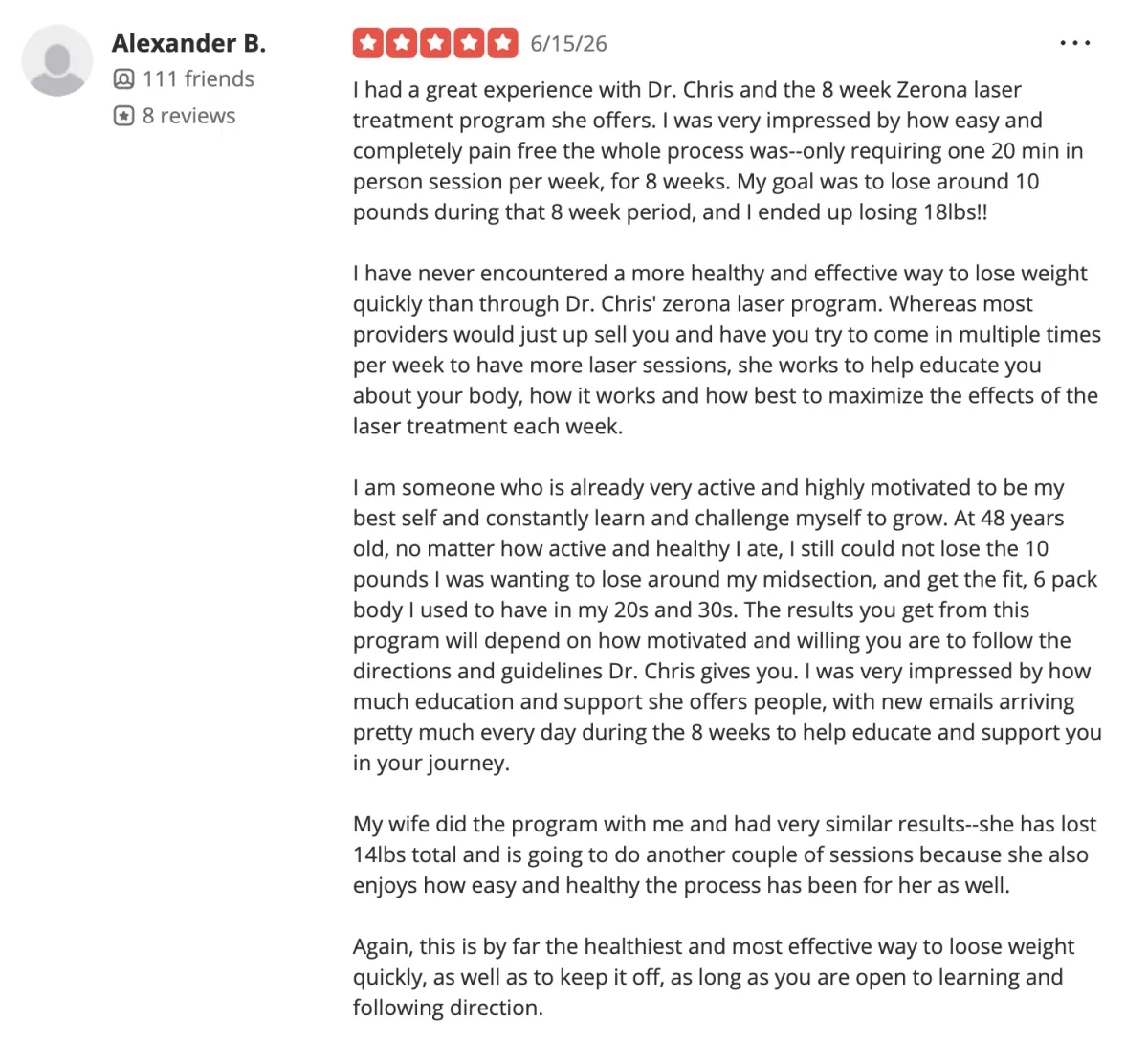 Google review from a Los Angeles patient who lost 18 pounds with the Zerona VZ8 program at Sculpt Luxe LA.