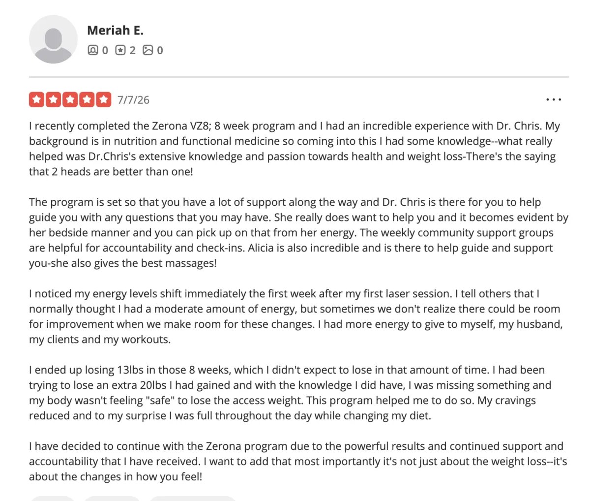 Google review from a Los Angeles patient who lost 18 pounds with the Zerona VZ8 program at Sculpt Luxe LA.