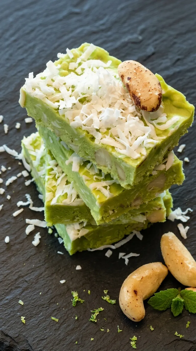 Vegan keto avocado ice cream bars topped with coconut and Brazil nuts