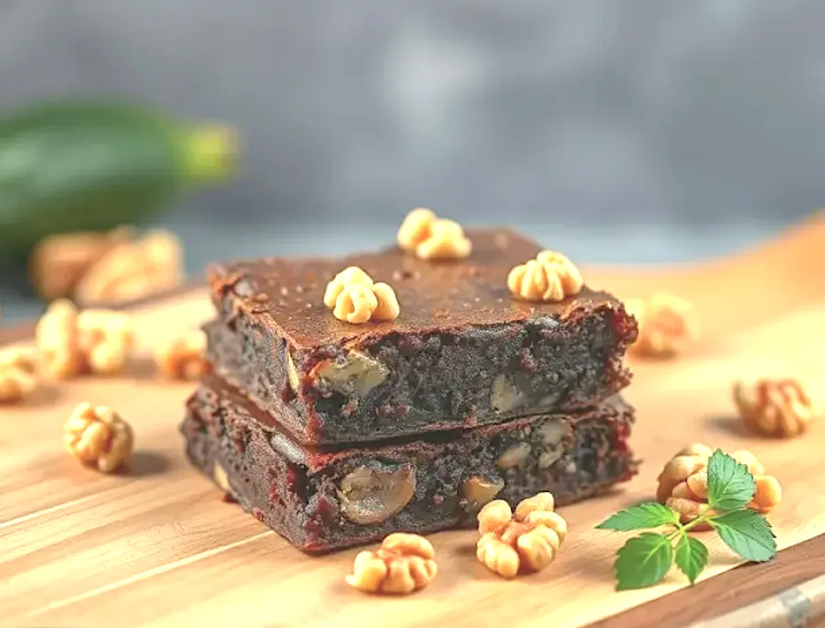 Fudgy low carb zucchini brownies with chopped pecans stacked on a wooden board