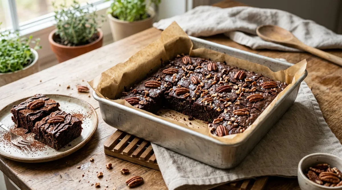 Freshly baked low carb zucchini brownies cooling in an 8x8 parchment lined pan