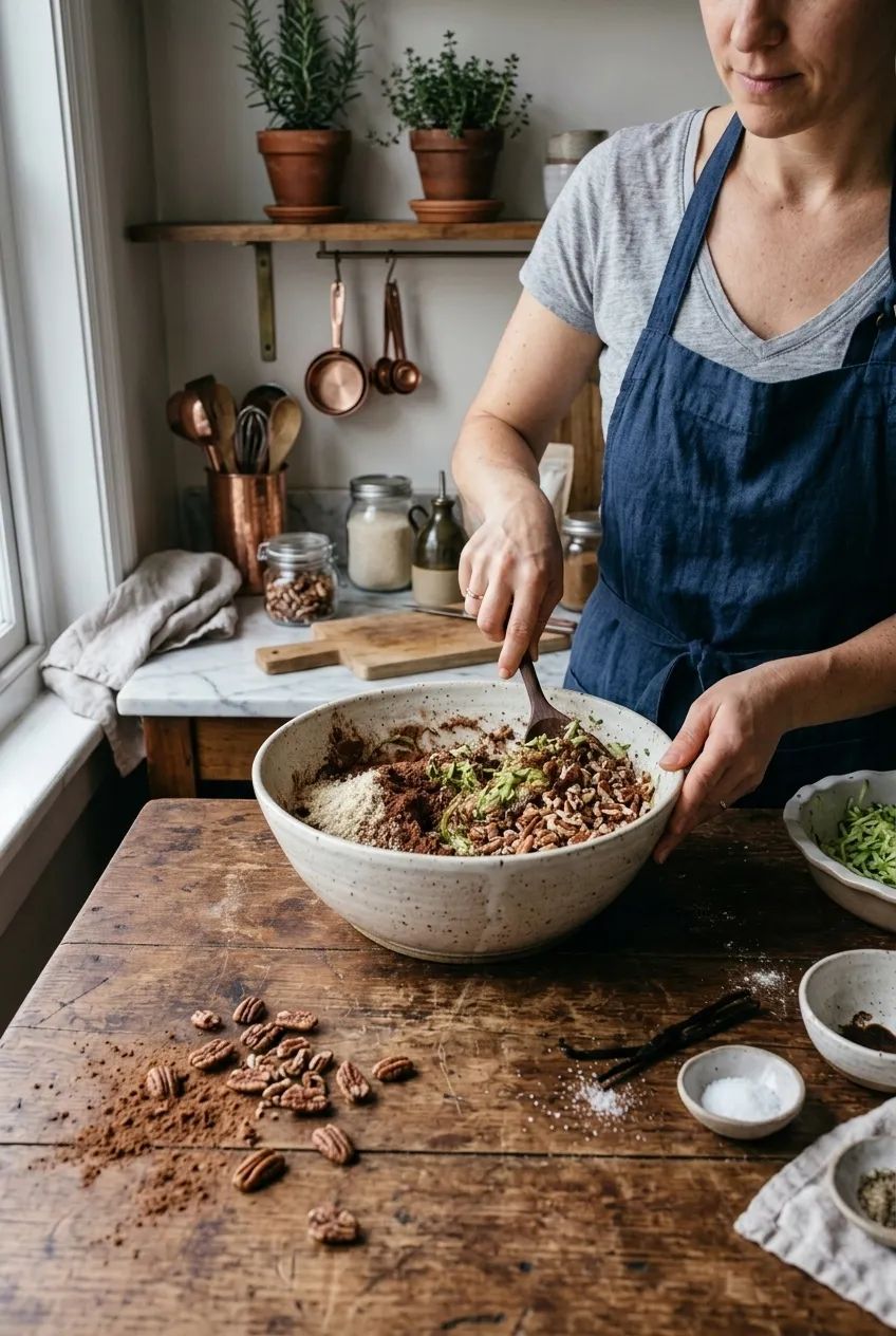 Mixing grated organic zucchini, almond flour, cocoa powder, and pecans in a ceramic bowl