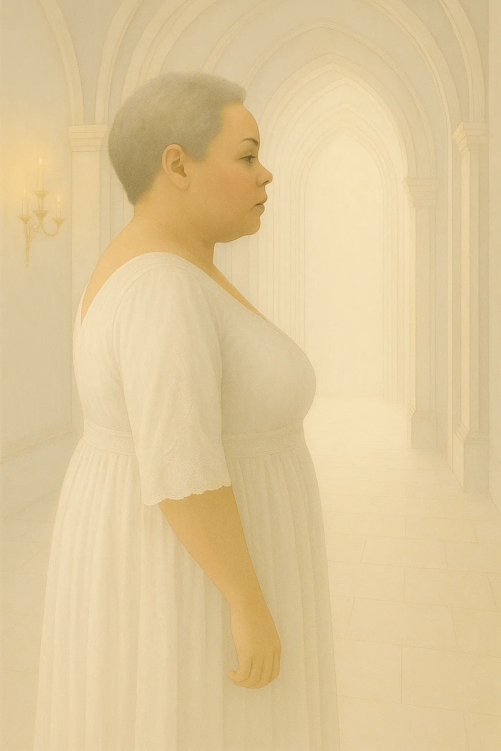 Jo Jerodene - The Grail Priestess wearing a simple white gown standing at the entrance to a serene alabaster temple or sacred space