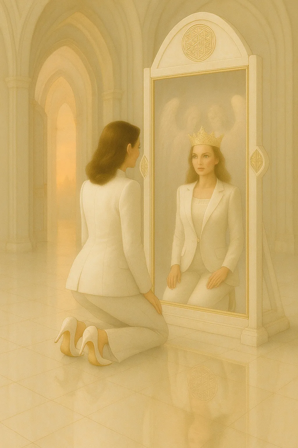 Woman in white suit and heels kneeling before a mirror - her reflection wears a crown as angels watch over her