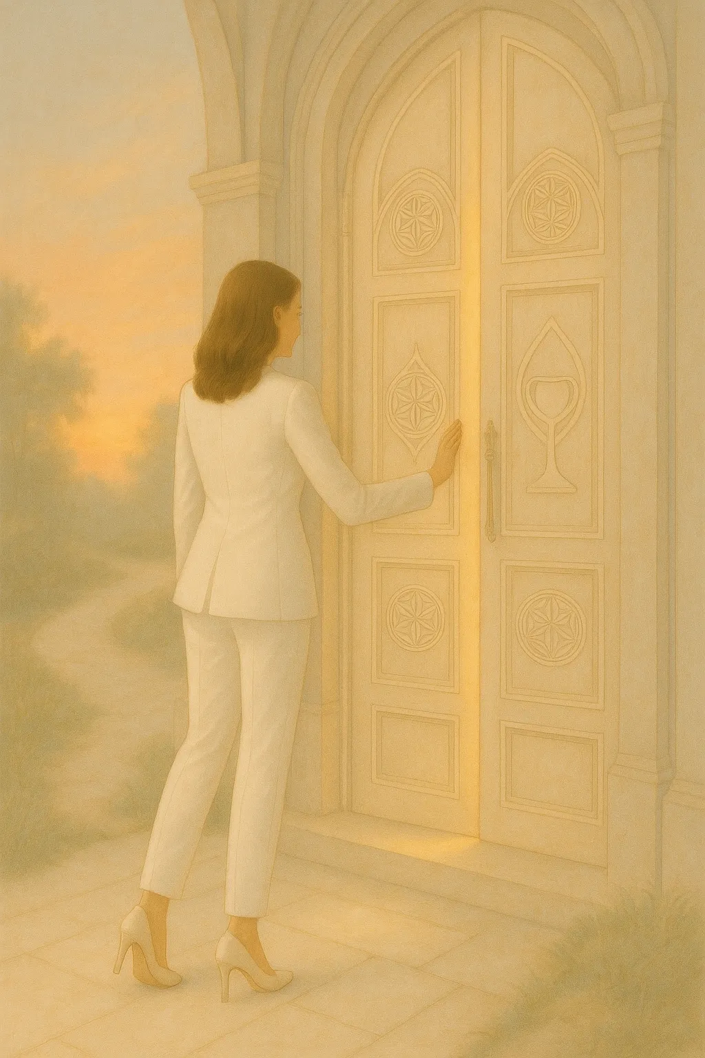 Refined woman in white pantsuit knocking at temple doors carved with sacred symbols and Grail chalice.