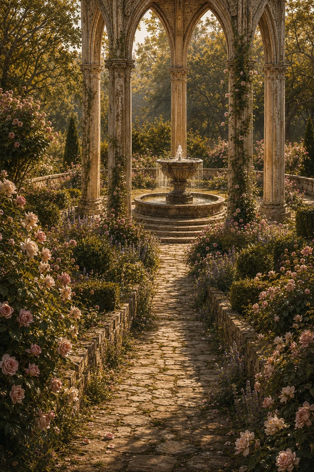 A rose-covered path winds through a sunlit garden towards a fountain beneath Gothic arches, representing the journey through the five Pillars of The Grail Path.
