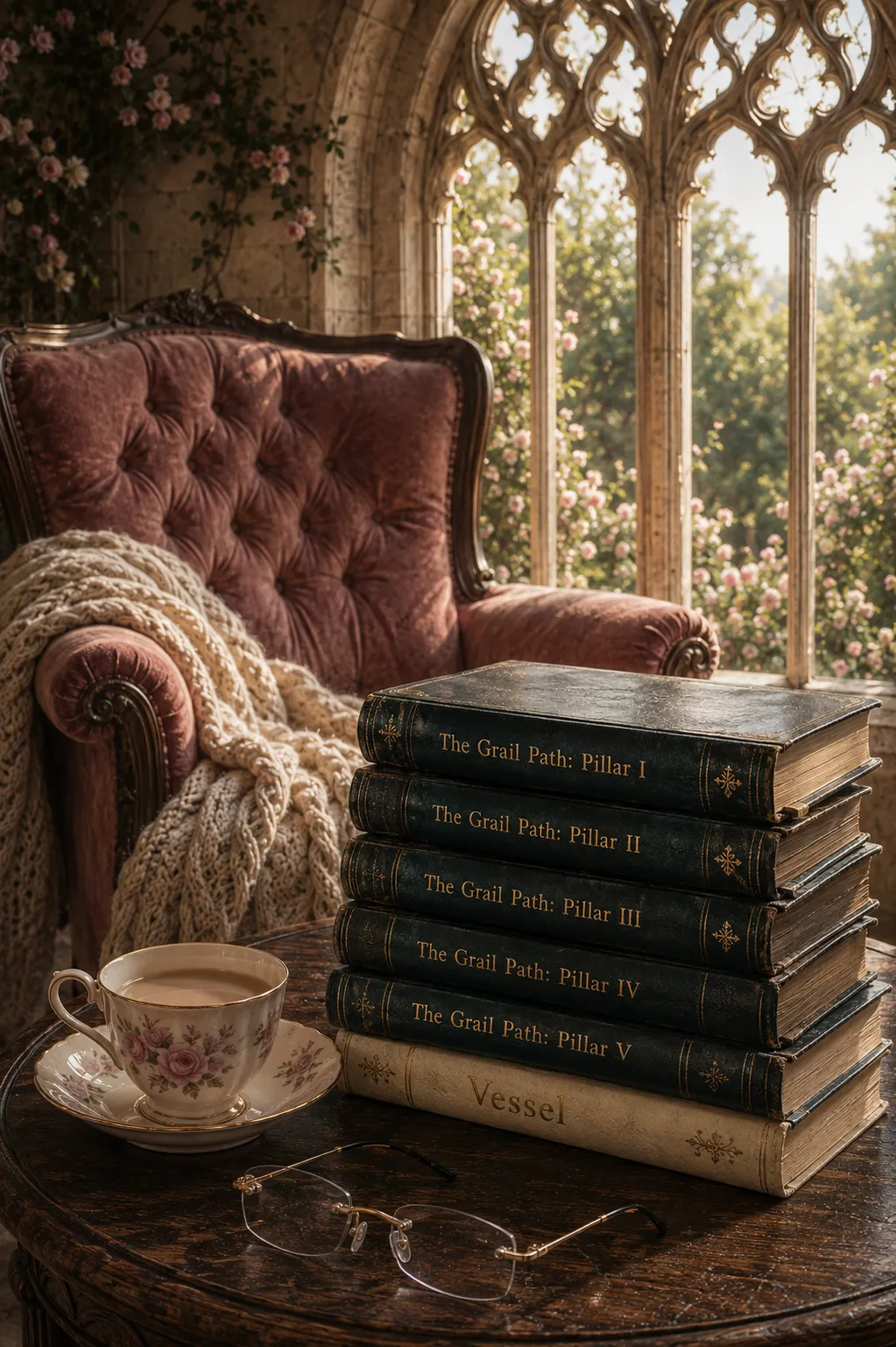 The Grail Temple Library, with a stack of books representing the five Pillars of The Grail Path and Vessel beside a cup of tea, reading glasses and a sunlit Gothic window.