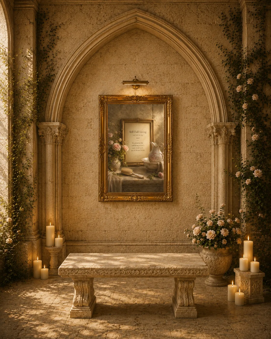 The Grail Temple Gallery, an intimate Gothic gallery with a framed Grail artwork, stone bench, roses and candlelight.