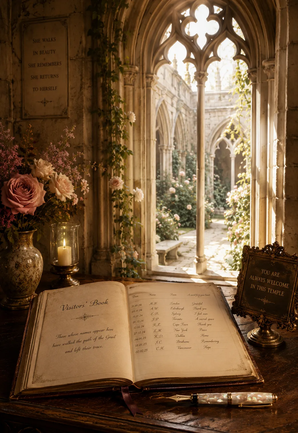 An open antique Visitor’s Book resting inside The Grail Temple beside roses and candlelight, overlooking a sunlit cloister garden.