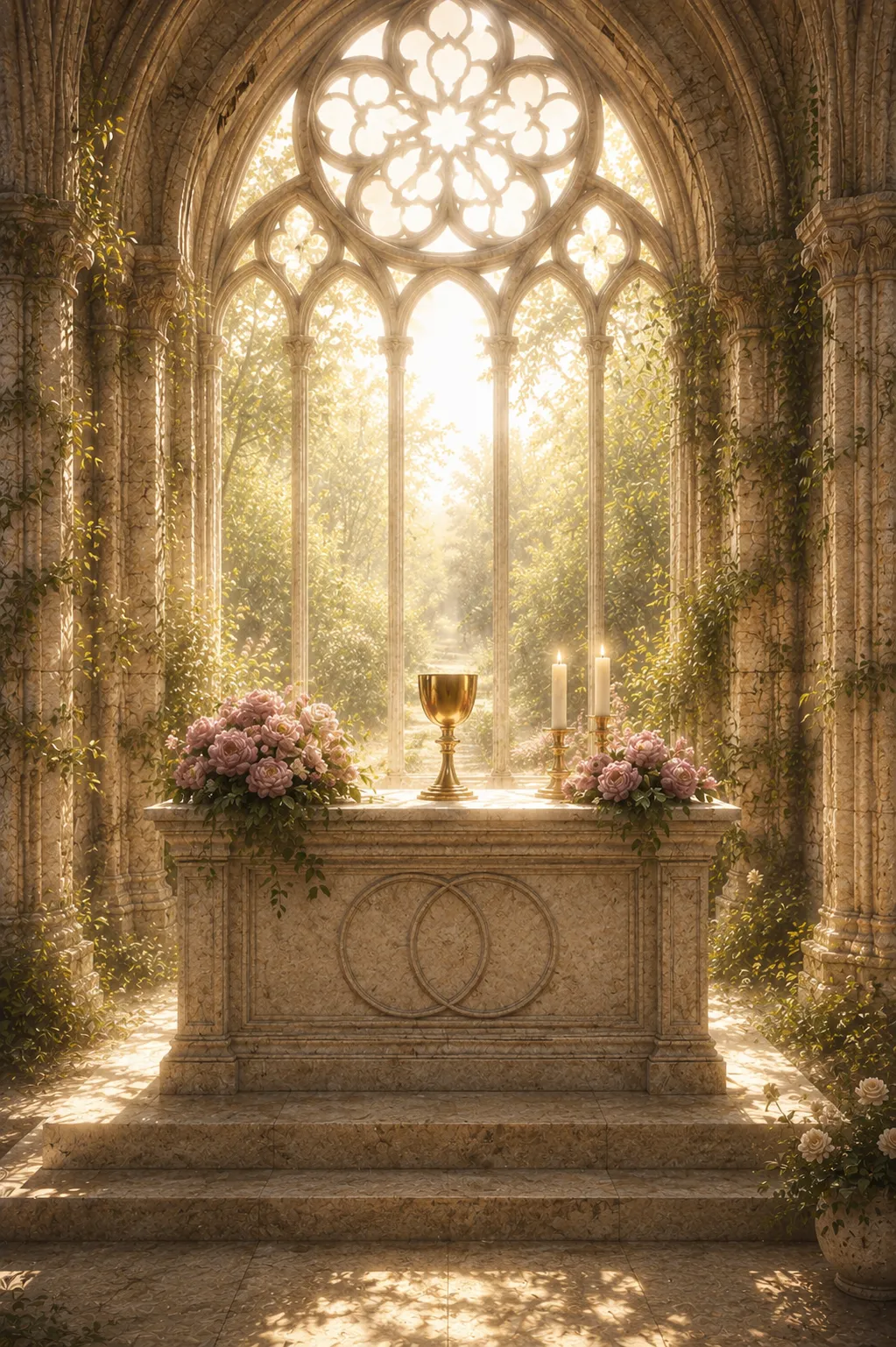 A golden chalice upon a stone altar surrounded by pink roses and candlelight, beneath the sunlit Gothic arches of The Grail Temple.