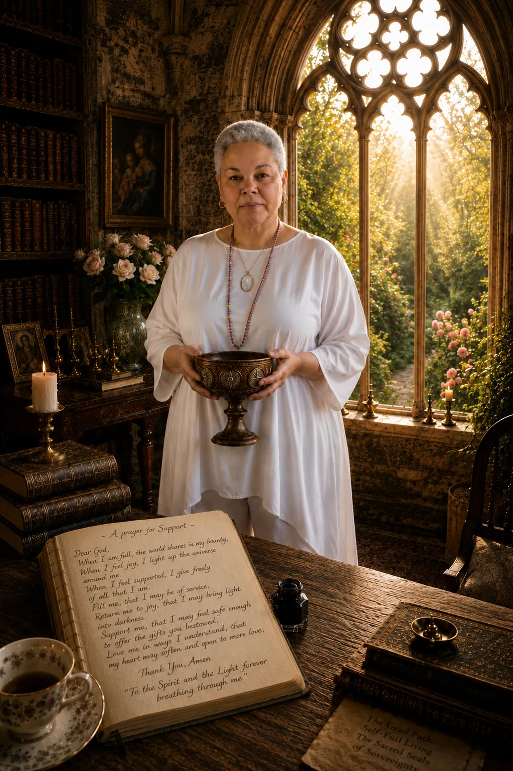 Jo Jerodene, The Grail Priestess, holding the Grail in a candlelit Temple beside an open handwritten Prayer for Support, with roses and a sunlit garden beyond.