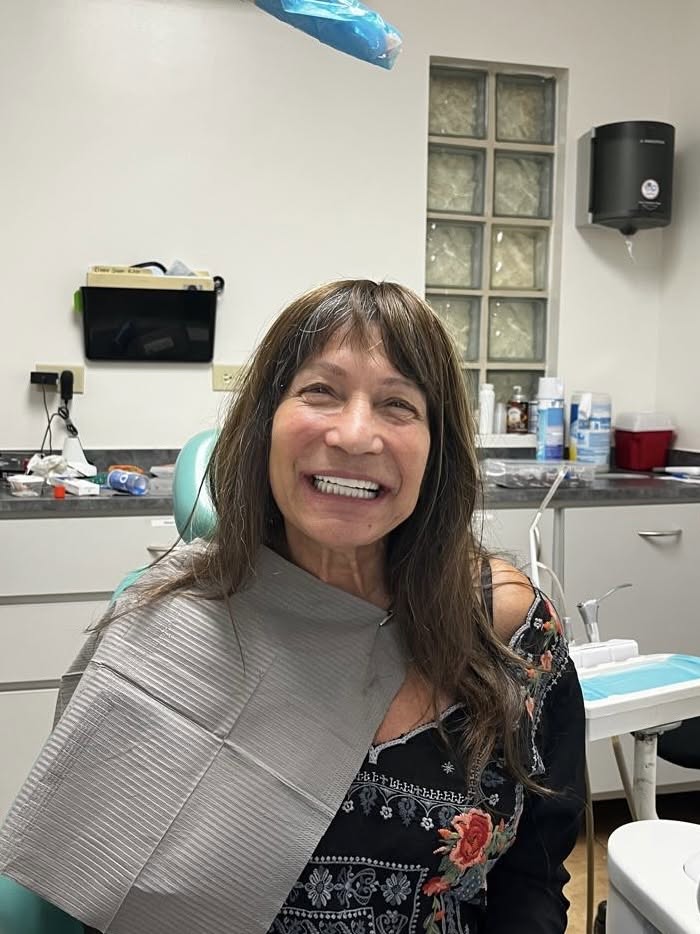 Before and after dental implant restoration split view for patient Sarah T