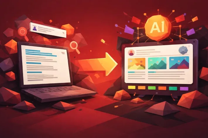 A split-screen digital illustration showing a traditional Google search results page with blue links on the left fading into a modern AI-powered answer overview panel on the right, with upward-trending data lines, schema markup code snippets, and the text "2026" overlaid in bold — representing the evolution from legacy keyword rankings to AI-driven search synthesis.