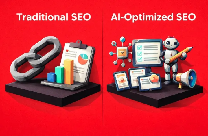 Business owner reviewing SEO agency proposals on a laptop, comparing traditional and AI-optimized search engine optimization company options in 2026