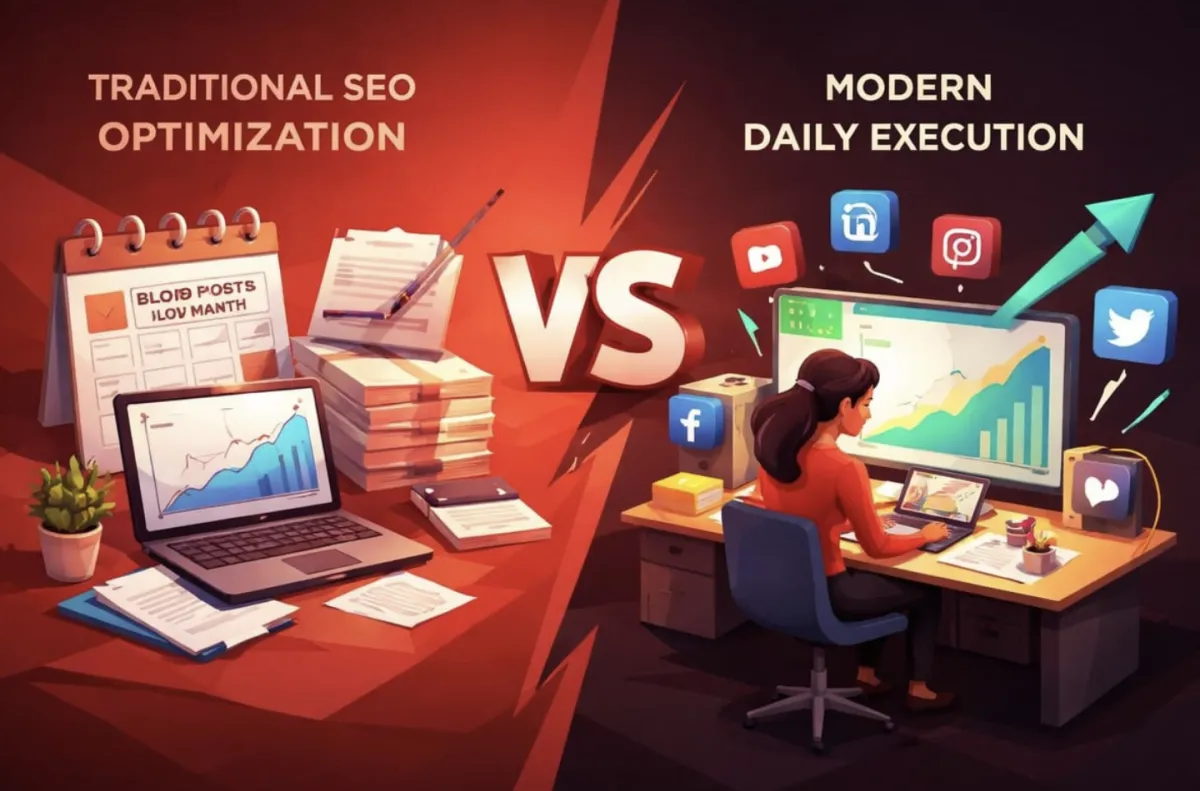 A bold strategic roadmap graphic for SEO optimization in 2026 showing the R.A.P.I.D. framework pillars — Reach, Authority, Presence, Intensify, and Dominate — against a dark professional background with upward-trending performance data, representing daily content execution and AI search visibility for modern SEO agencies.