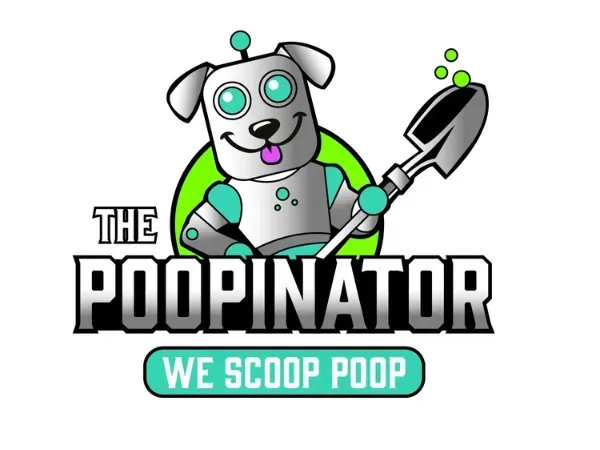 The Poopinator logo featuring a robot dog holding a shovel with the tagline "We Scoop Poop"