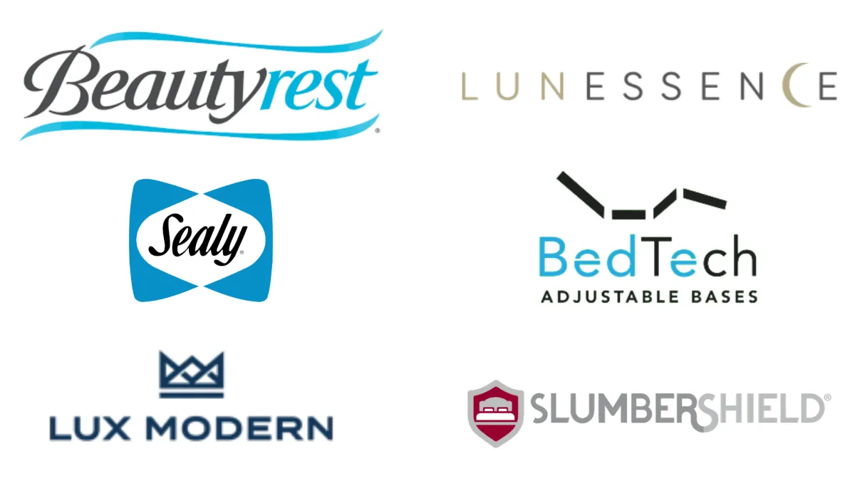 brand logos for beautyrest, lunessence, sealy, bedtech, lux modern, and slumbershield