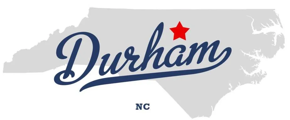 an image with Durham marked by a red star on a grey North Carolinastate
