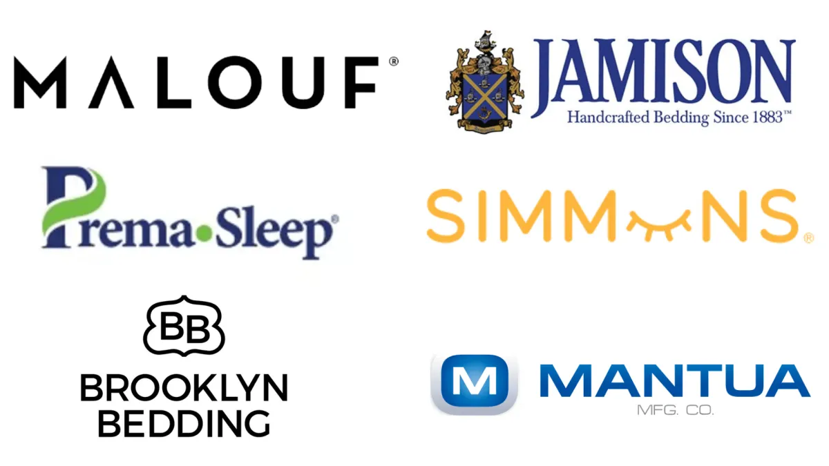 brand logos for malouf, jamison, premasleep, simmons, brooklyn bedding and mantua