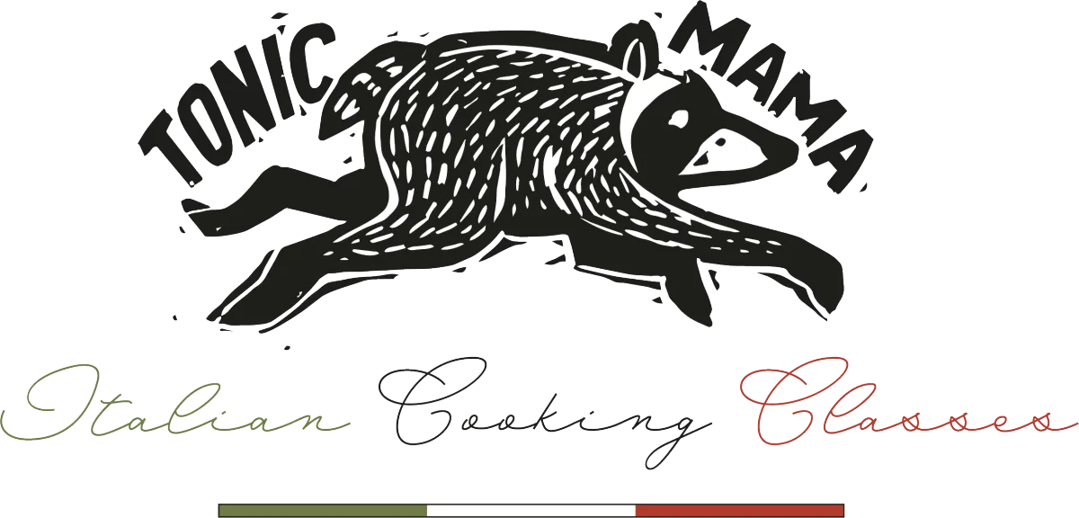 Black and white illustration of two raccoons lying down, with 'TONIC MAMA' arched above and 'Italian Cooking Classes' in script below