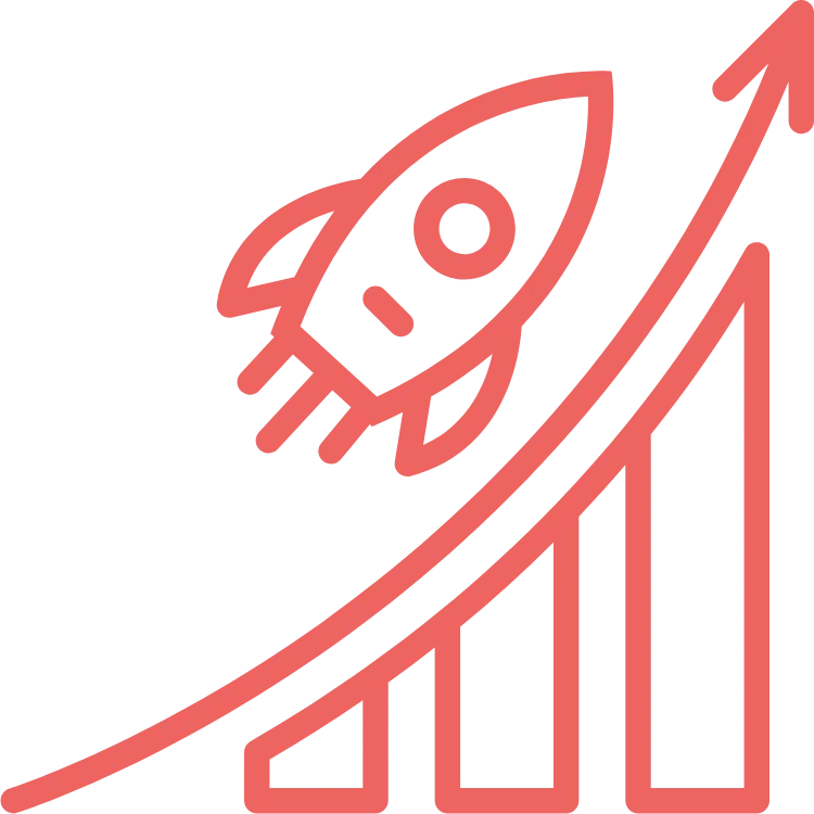 Line drawing of a rocket taking off of a bar chart