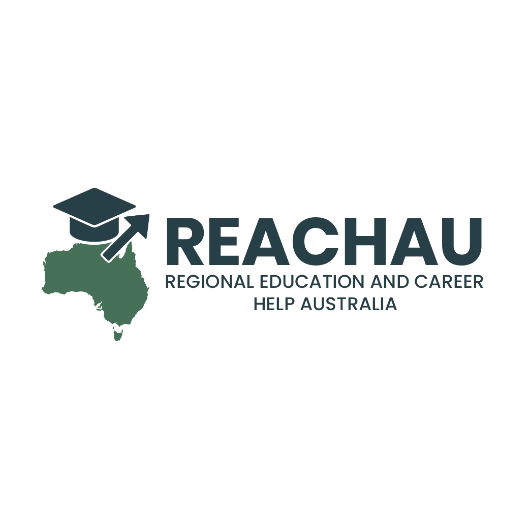 REACHAU logo featuring a green map of Australia with a graduation cap and upward arrow, symbolising Regional Education and Career Help Australia