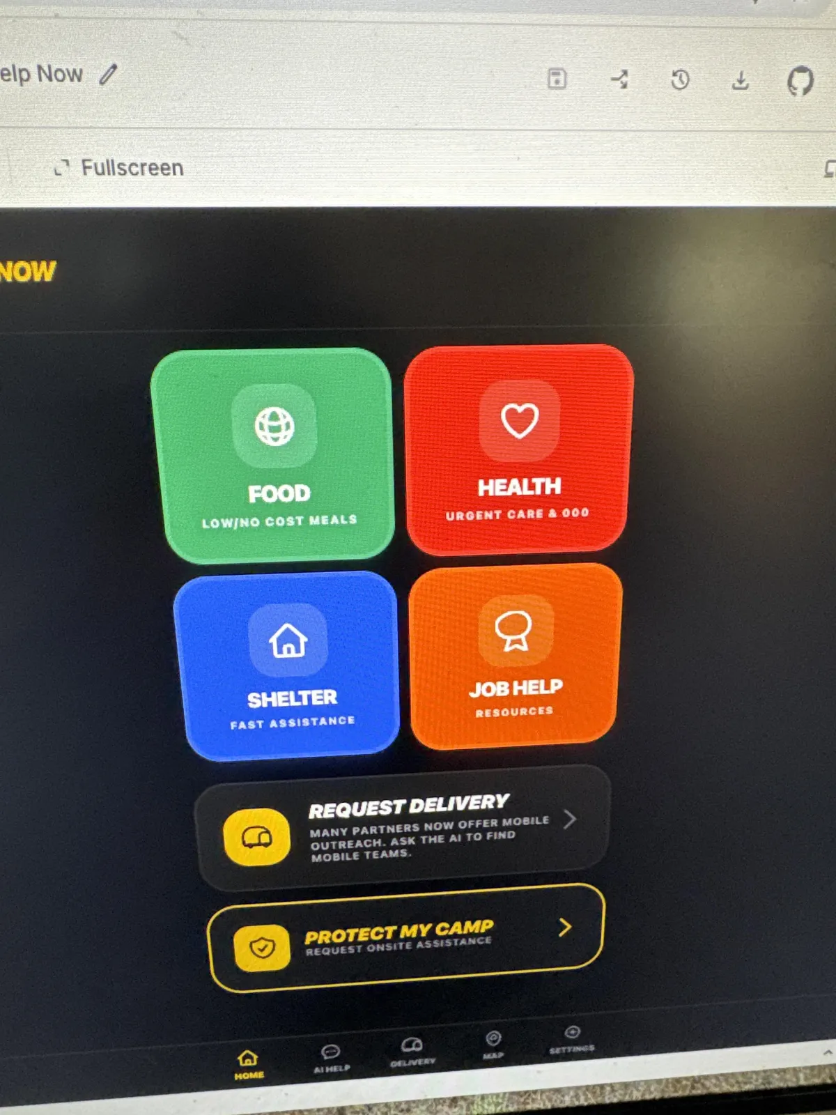Large buttons, food-health-shelter-jobhelp-request-delivery-protect-my-camp