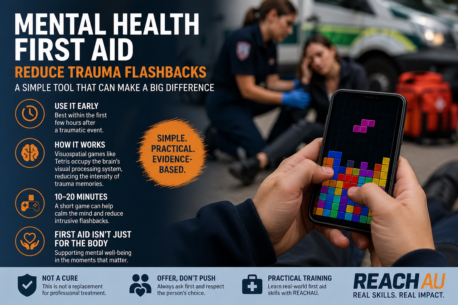 Tetris for trauma recovery graphic of blocks with first aid symbols
