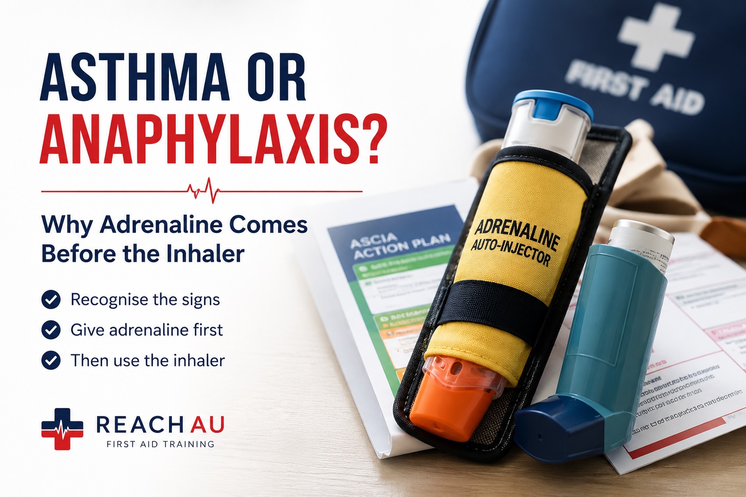 Asthma or anaphylaxis why adrenaline becomes before the inhaler photo image of an auto injector ASCIA action plan and Ventolin asthma inhaler