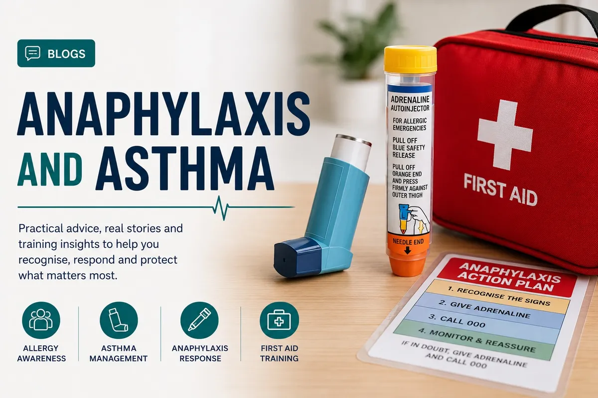 First aid trainer teaching anaphylaxis awareness and allergy emergency response in Australia