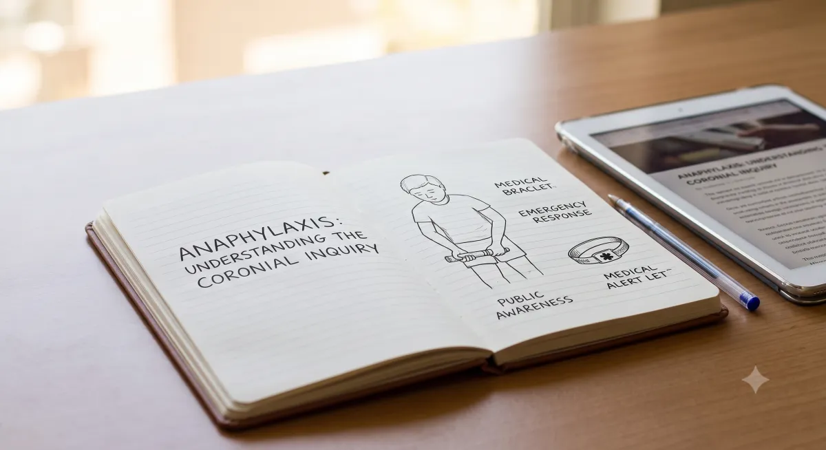 Overhead view of a wooden workspace featuring an open notebook with sketches of an EpiPen, medical alert bracelet, and handwritten text covering anaphylaxis and asthma awareness next to a tablet.