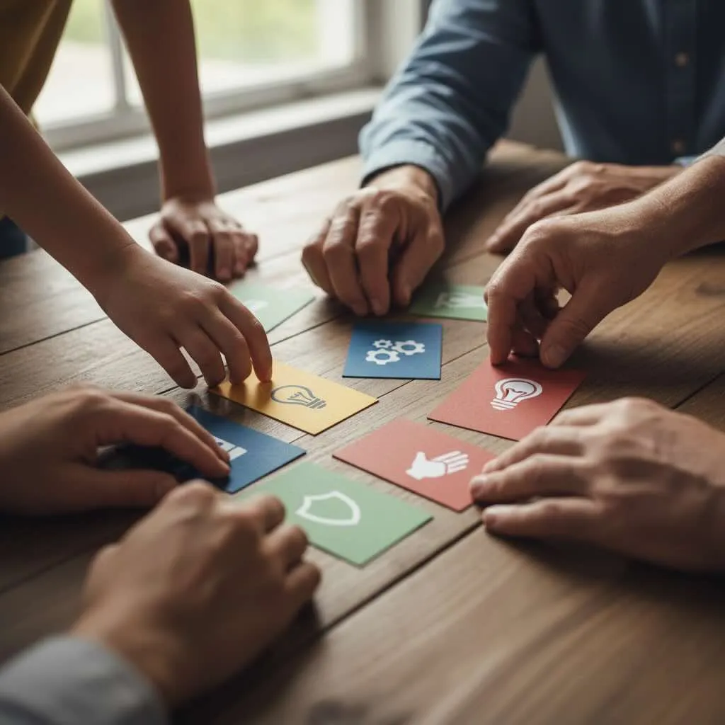 Hands arranging support icon cards on a table during a group activity