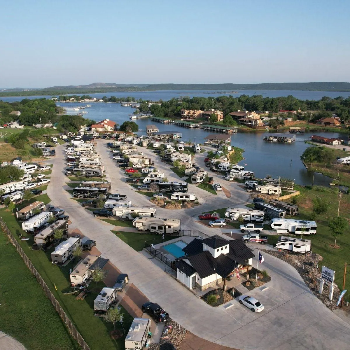 Aerial view of Possum Kingdom RV Resort showing RV sites along Possum Kingdom Lake