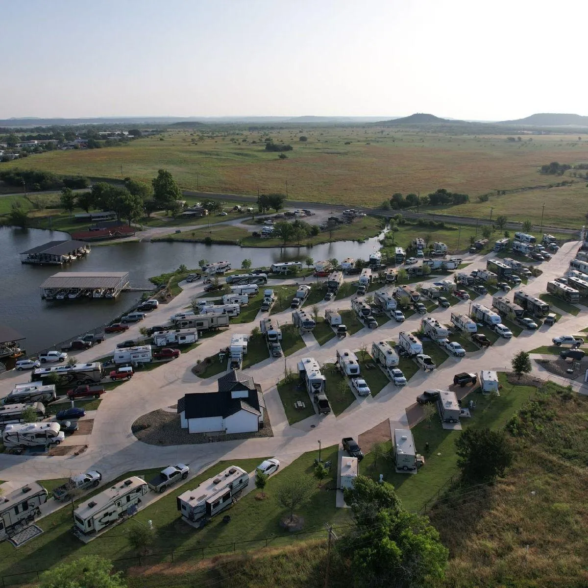 Aerial view of Possum Kingdom RV Resort showing RV sites along Possum Kingdom Lake