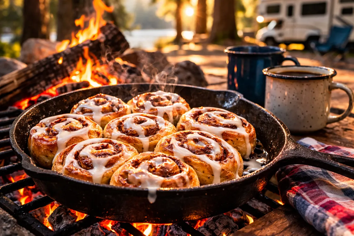 Cast iron skillet of cinnamon rolls with icing cooking over a campfire at an RV campsite during a peaceful morning in the woods