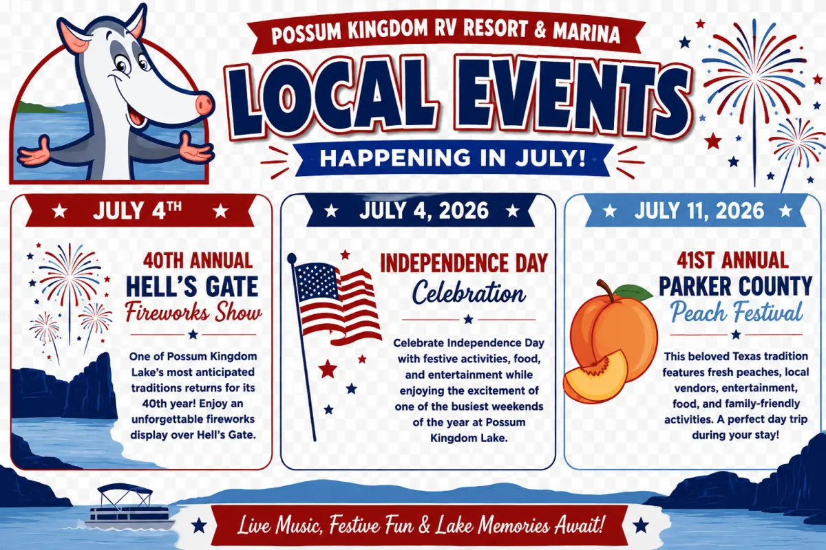 Possum Kingdom RV Resort & Marina July 2026 local events graphic featuring the 40th Annual Hell's Gate Fireworks Show on July 4, Independence Day Celebration, and 41st Annual Parker County Peach Festival on July 11 at Possum Kingdom Lake, Texas