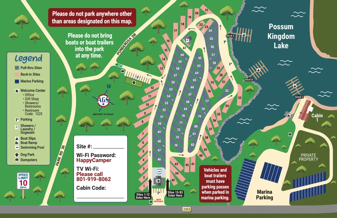 Map showing Possum Kingdom RV Resort at 109 N FM 2353, Graford, Texas