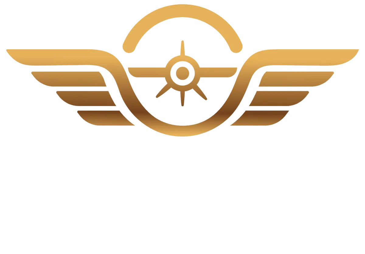 Vision aviation logo with wings and compass propeller symbol representing premium flight services brand identity design