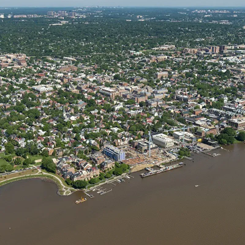 Drone shot of Alexandria Waterfront in Virginia