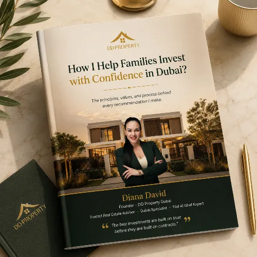 Cover image for free guide showing modern Dubai townhouse interior with curated staging, bright tones and approachable lifestyle composition for downloads.