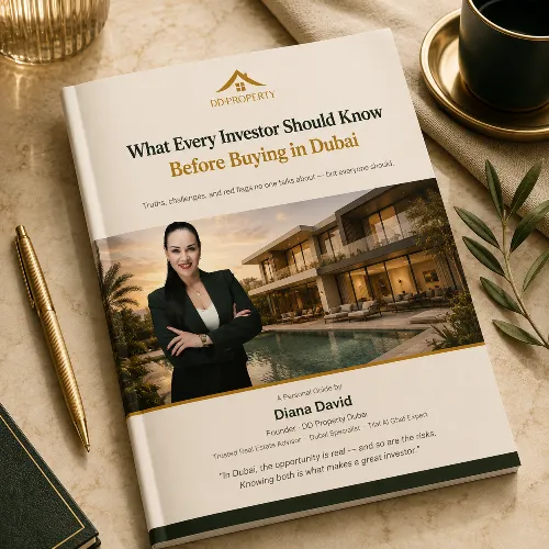 Cover image for free guide showing modern Dubai townhouse interior with curated staging, bright tones and approachable lifestyle composition for downloads.