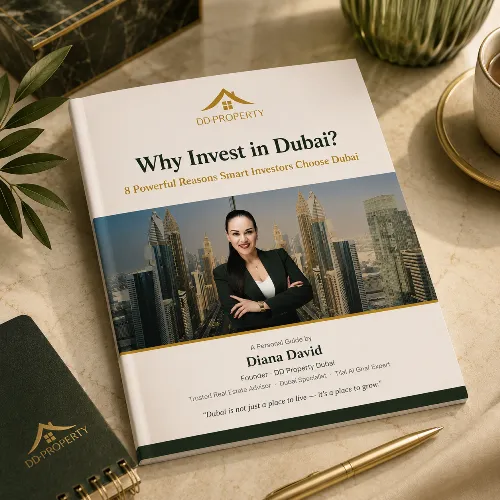 Cover image for free guide showing modern Dubai townhouse interior with curated staging, bright tones and approachable lifestyle composition for downloads.