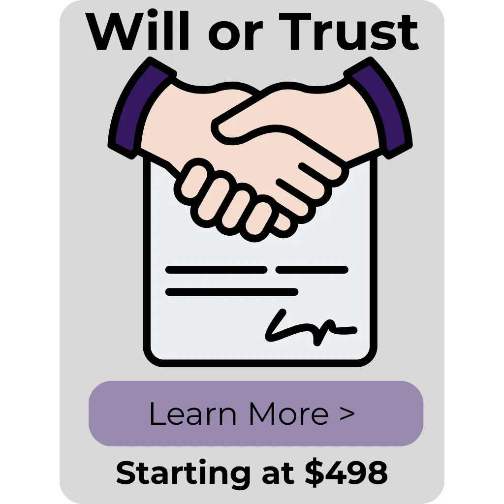Will or trust graphic featuring a handshake over a document, emphasizing estate planning services starting at $498.