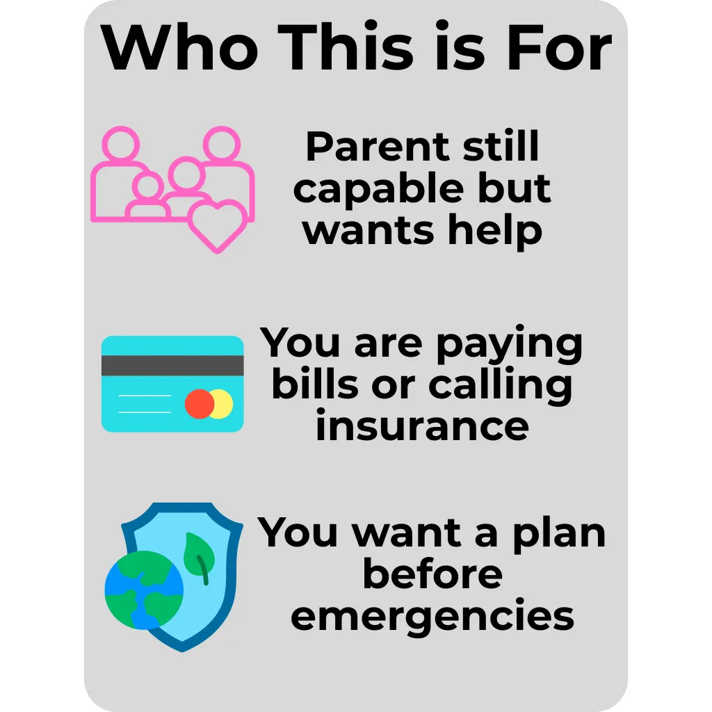 Graphic illustrating target audience for Power of Attorney services: families seeking help for capable parents, individuals managing bills or insurance, and those planning for emergencies.