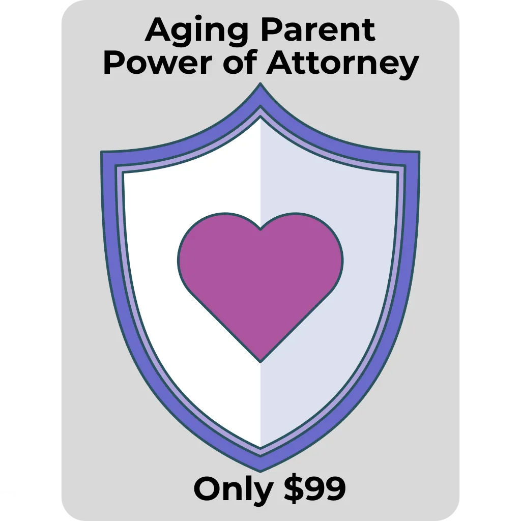 Aging Parent Power of Attorney promotion featuring a shield with a heart, highlighting a price reduction from $99 to $79.